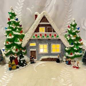 Vintage Ceramic Light up Christmas house with miniature Carolers Accessories.